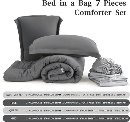 Queen Size Comforter Set - 8-Piece Gray Luxury Bedding with Reversible Microfiber Lightweight Comforter, Bed Skirt, Flat Sheets, Pillowcases & Pillow Shams