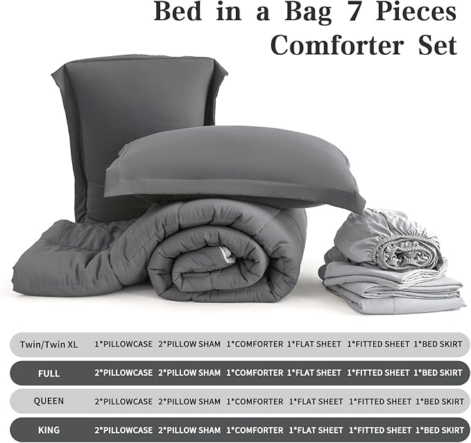 Twin XL Comforter Set - 7-Piece Gray Bedding with Ultra Soft Reversible Lightweight Comforter, Bed Skirt, Flat Sheets, Pillowcases & Pillow Shams