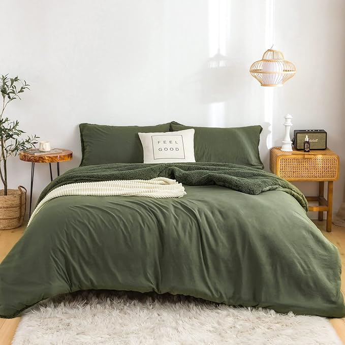 COTTEBED Warm Ultra-Soft Sherpa Bedding Comforters Sets Queen Size Double Bed, Light Weight Fluffy Cotton Fleece Down Alternative Reversible Comfort PillowSham Fall Winter(Olive Green,Full/Queen)
