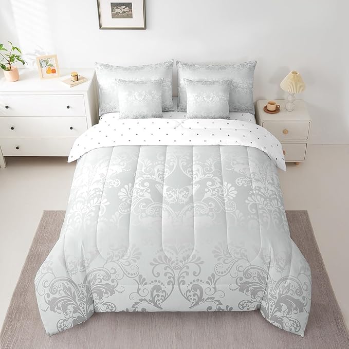 Erosebridal Gothic Damask Comforter Set 7 Piece Bed in a Bag Twin,Butterfly Skull Bedding Sets Silver White Victorian Floral Goth Sheet Set with Comforter