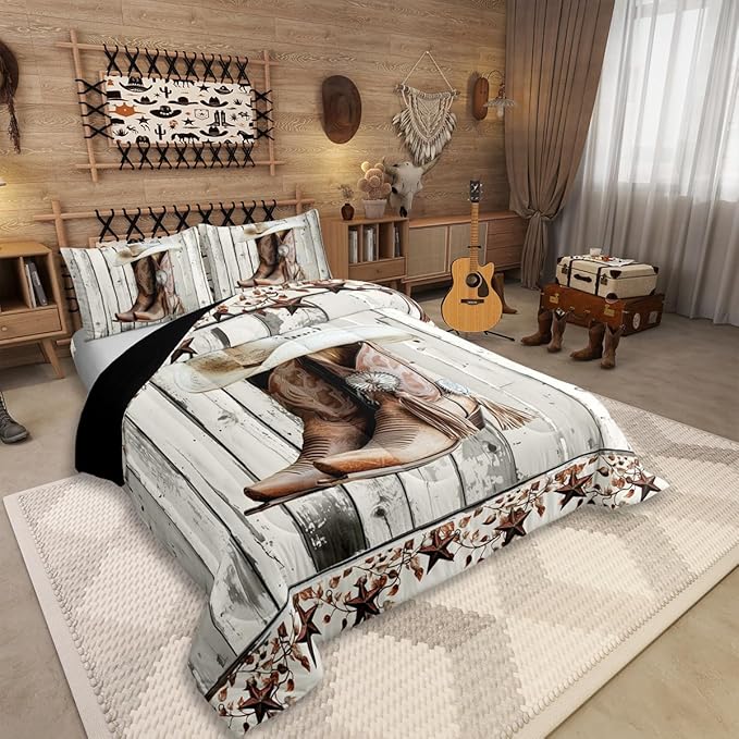 Erosebridal Western Texas Star Comforter Set Toddler Size, Rustic Horseshoe Bedding Set Country Wooden Door Quilt for Kids Teens Adult Men Bedroom, Retro Cowboy Farmhouse Bedding Comforter Sets