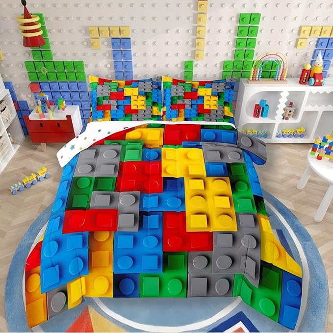 Erosebridal Construction Twin Comforter Set for Boys,Colorful Bedding Set 3D Building Blocks Quilt,Kids Brick Duvet Insert Rainbow Gradient Room Decor for Teen Girls,Red Yellow Green Blue Grey