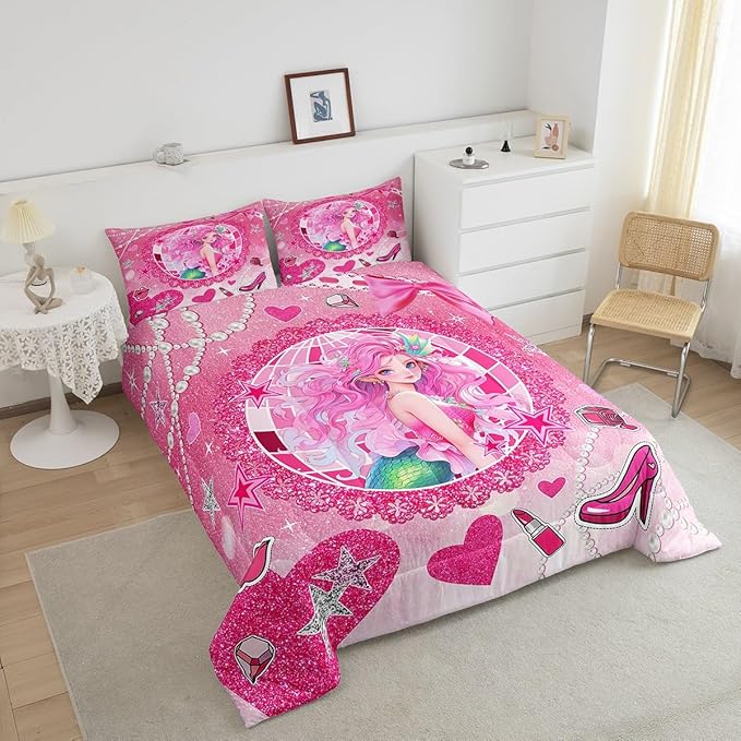 Mermaid Princess Kids Comforter Set Twin Size,High-Heeled Shoes Lip Bowknot Romantic Bedding Set,Girls Women Room Decor,Glitter Sequin Castle Down Comforter,Pink Dreamy Duvet Insert,1 Pillowcase