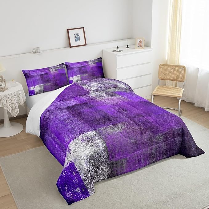 Oil Painting Comforter Set for Kids Boys Girls,Purple Grey Bedding Set,Watercolor Ombre Bedding Comforter Sets,Contemporary Abstract Artwork Duvet Insert with 2 Pillowcases Bedroom Decor,Full