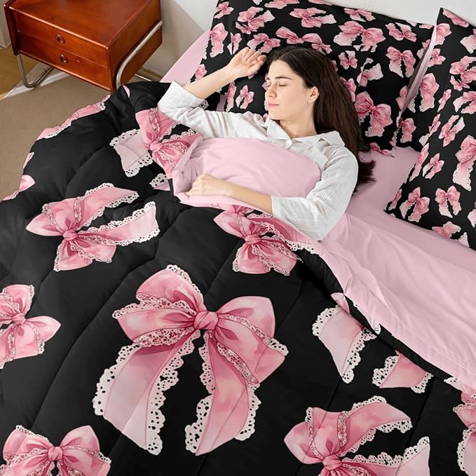 Erosebridal Black Pink Bow Girls Cute Y2K 7 Piece Bedding Set Twin | Bowknot Kawaii Comforter Set with Sheets Lace Princess Bed in A Bag Dreamy Bed Sets
