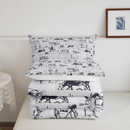 Feelyou Western Comforter Set King Size, White and Black Cowboy Cow Bedding Set Cowboy Comforter Desert Cactus Duvet Set Soft Bed Set 3Pcs