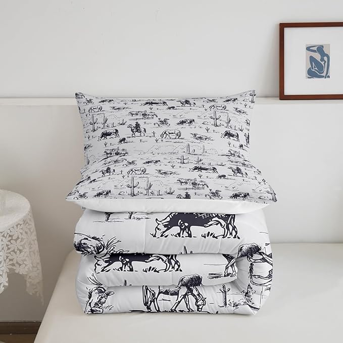 Feelyou Western Comforter Set Queen Size, White and Black Cowboy Cow Bedding Set Cowboy Comforter Desert Cactus Duvet Set Soft Bed Set 3Pcs