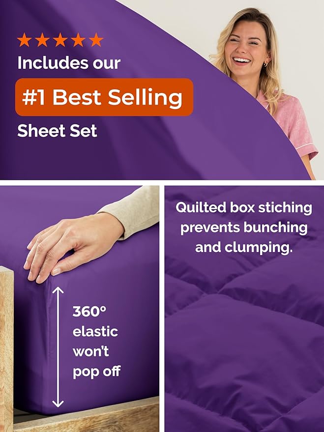 Full Comforter Set - 7 Piece Bed in a Bag Full Size Bed Set - Down Alternative Comforter, Flat Sheet, Fitted Sheet, Pillowcase & Shams for All Seasons - Ultra Soft, Cozy, Comfy & Breathable - Purple