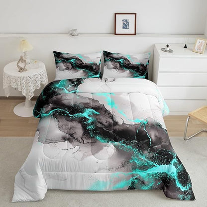 Erosebridal Black and Grey Teal Bed in a Bag 7pcs Marble Aesthetic Bedding Set, Modern Marbling Twin Size Comforter Set Watercolor Foil Print Bedding Comforter Sets, Stone Pattern Bed Set