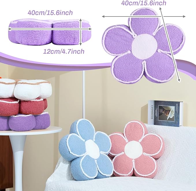 Sioloc Flower Shaped Pillow Daisy Pillows Floor Cushion Pastel Cute Seat Cushions Aesthetic Classroom Dorm Decorative Fun Throw Pillow for Bed,Couch(Lavender,15.7")