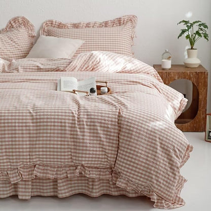 mixinni Vintage Pink Gingham Ruffle Comforter Set 3-Piece Washed Cotton Queen Size Grid Bedding Set with Geometric Checkered Pattern, Farmhouse Chic Soft Fluffy Comforter for All-Season