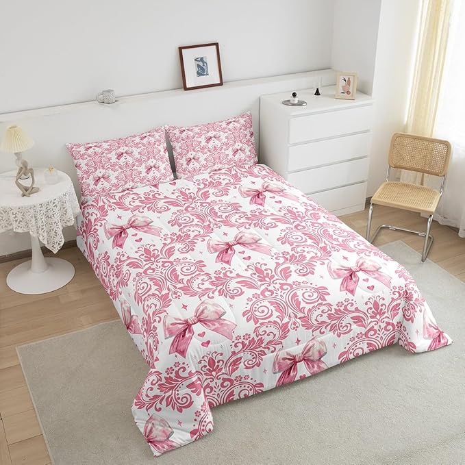 Feelyou Girls Pink Bowknot Comforter Set King Size Goth Damask Comforter Victorian-Themed Bedding Set Baroque Duvet Set Vintage Floral Quilt Set 3Pcs