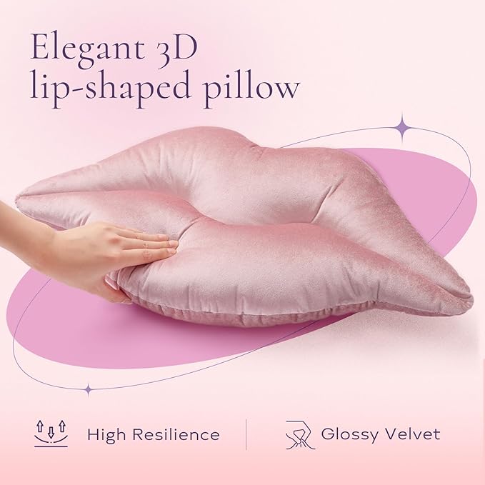 Ashler Upgraded Glossy Velvet Lip Shape Throw Pillow, Delicately Soft, Glossy Shimmering and Brilliant with Velvet Backing for Sofa, Bed and Living Room, Pink, 24 X 12 Inches