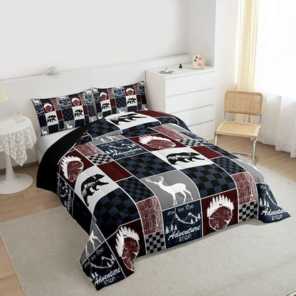 Rustic Bear Bedding Comforter Sets, Farm Country Vintage Comforter Set Hunting Cabin Wooden Lodge Bedding Forest Wildlife Plaid Patchwork Quilt With 1 Pillow Case, Red Gray Black, Twin Size