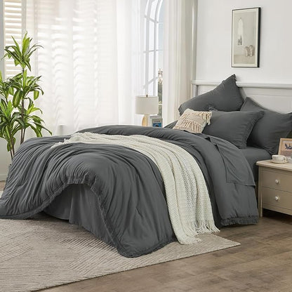 Andency Oversized King Comforter Set Dark Grey 120x98-7 Pieces Boho Tassel Bed in a Bag Soft Lightweight Bedding Sets, Fringe All Season Bed Set with Comforter, Sheets, Pillowcases & Shams