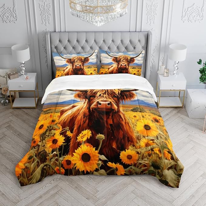 Cute Cow Print Comforter Set Twin Size Sunflower Sky Cloud Cow Bedding Set Farm Animals Cow Quilt Bed Set with 1 Comforter and 2 Pillowcases for Kids Boys Girls Room Decor