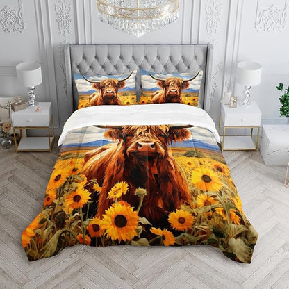Cute Cow Print Comforter Set Queen Size Sunflower Sky Cloud Cow Bedding Set Farm Animals Cow Quilt Bed Set with 1 Comforter and 2 Pillowcases for Kids Boys Girls Room Decor, D-cow1