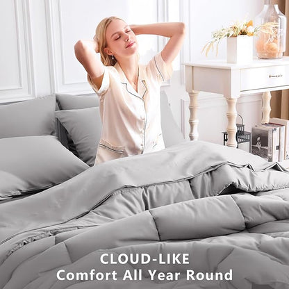 CozyLux Queen Size Comforter Sets French Grey, 7 Pieces Bed in a Bag, Grey Comforter Queen Size, All Season Bedding Sets with Stitch Quilted Comforter, Flat Sheet, Fitted Sheet, Pillowcases