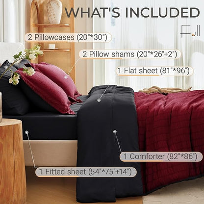MUXHOMO 7 Pieces Full Comforter Set, Seersucker Bed in a Bag Full Size, All Season Luxury Bedding Set with Comforter, Flat Sheet, Fitted Sheet, Pillowcases & Shams, Red & Black