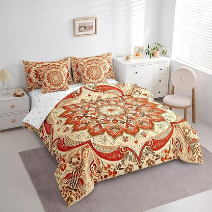 Oriental Floral Queen Size Comforter Set Vintage Flower Bedding Comforter Sets for Teens Adults, Art Deco Medallion Bed in a Bag 7pcs Retro Aesthetic Bedding Set, Boho Paisley Bed Set Lightweight