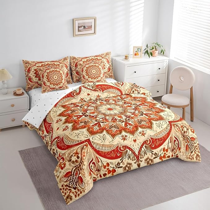 Oriental Floral Comforter Set Vintage Flower Bedding Comforter Sets for Teens Adults, Art Deco Medallion Bed in a Bag Retro Aesthetic Bedding King 7pcs, Boho Paisley Bedding Accessories Lightweight
