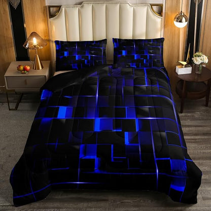 Erosebridal Neon Blue Black Comforter Set Full Size 3 Piece Geometric Kids Bedding Set Honeycomb Comforter for Teens Women Adult Bedroom Decor, Aesthetics Modern Quilt