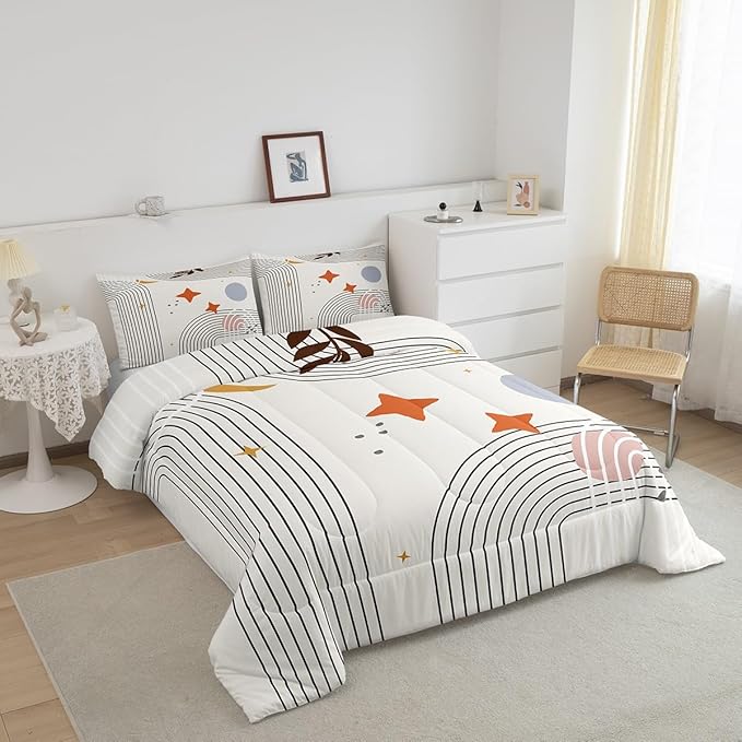 Erosebridal Abstract Red Sun Comforter King Geometric Lines Bedding Set, Aesthetic Down Comforter Vintage Minimalist Bed Set, Modern Quilted Duvet Luxury Grey Circle Room Decoration