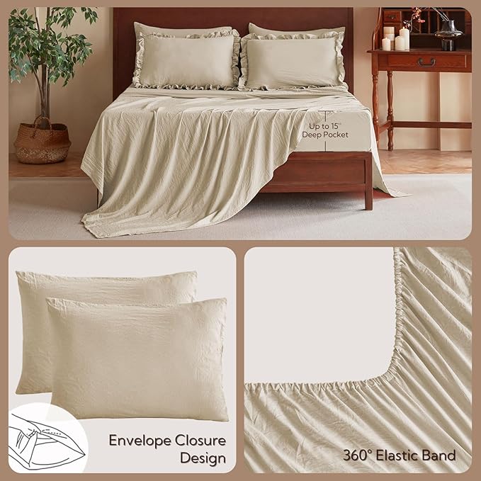 MR&HM Linen Comforter Set Full Size for Girls Women 7 Pieces, Shabby Chic Vintage Cottagecore Bed Sets Elegance Boho Bed in a Bag, Ultra-Soft & Fluffy Comforter for All Season