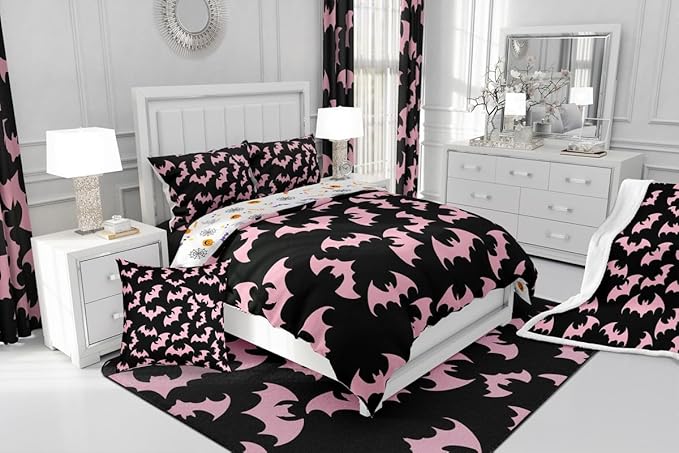 Erosebridal Pink Bat Twin Bedding Sets Halloween Bat Comforter Set Spooky Goth Gothic Animal Quilt Duvet Set Horror Halloween Bedding Collections for Kids Teens Adults