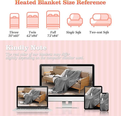 Heated Blanket Electric Throw 50"x60" Heating Blanket 450gsm Ribbed Flannel Sherpa Ultra-Soft with 5 Heating Levels and 4 Hour Auto Off, ETL & FCC Certified Electric Blanket, Great Winter Gift, Grey