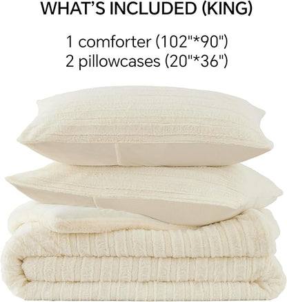 BEDELITE Fleece King Comforter Set -Super Soft & Warm Fluffy Cream White Faux Fur Bedding, Luxury Fuzzy Heavy Bed Set for Winter with 2 Pillow Cases