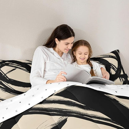 Black and Beige Striped Bedding Set Full Size for Adults Youth Teens,Contemporary Boho Modern Art Comforter Set,Graffiti Stripes Lines Quilt,Aesthetic Geometric Duvet Insert for Minimalists