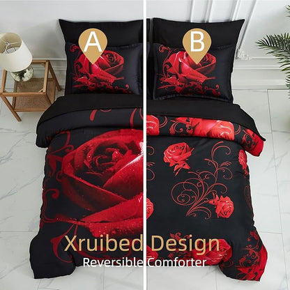 Red Comforter Set California King 7PCs Bed in a Bag Red Rose Comforter with Sheet Set Soft Micorfiber Reversible Bedding Set (1 Comforter,2 Pillow Shams,1 Flat Sheet,1 Fitted Sheet,2 Pillowcases)