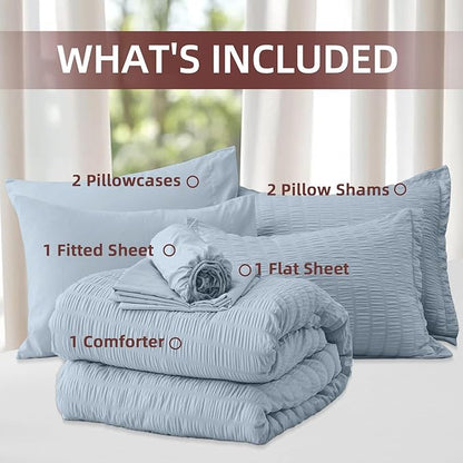 FUANNA Queen Comforter Set 7 Pieces, Luxury Seersucker Bed in a Bag Queen Size for All Seasons, Soft Bedding Set with Comforter, Flat Sheet, Fitted Sheet, Pillowcases & Shams for Bedroom, Grayish Blue