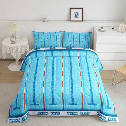 Swimming Kids Comforter Set Twin Size,Swim Sports Games Modern Fashion Bedding Set,Boys Girls Adults Room Decor,Swimming Pool Chic Down Comforter,Blue Unique Duvet Insert,1 Pillowcase