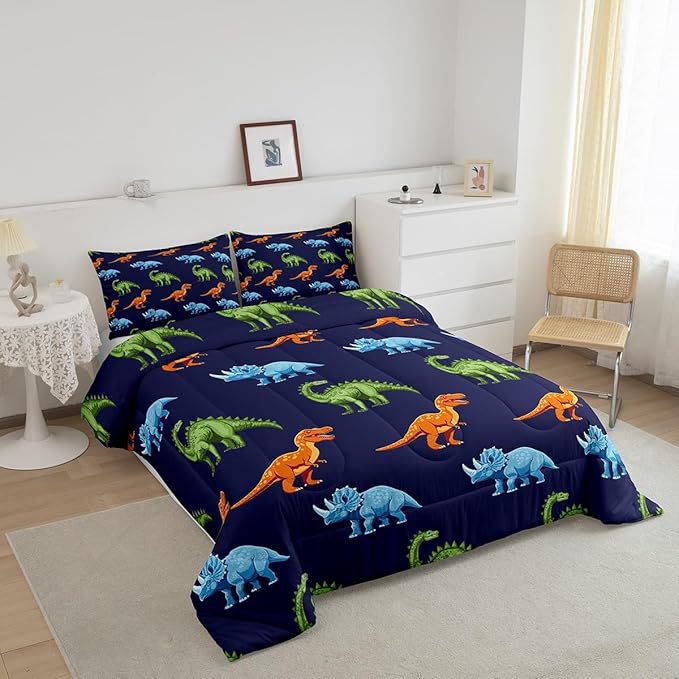 Cartoon Dinosaur Bedding Set Full, Dark Blue Dinosaur Comforter Set for Kids Dinosaurs Print Comforter Boys Girls Jungle Dino Duvet Set Breathable Bedroom Decor with 2 Pillow Case
