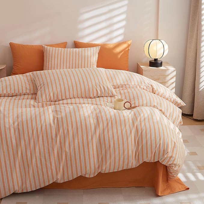 HighBuy King Comforter Set Gingham Geometric Pattern Bedding Set King Orange Striped Plaid Comforter Set Patchwork Design for Women Men All Season Comfortable Bedding Sets Queen Lightweight