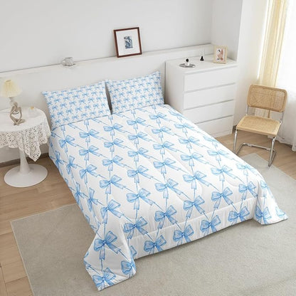 Feelyou Blue Bow Comforter Set Full Size Cute Bowknot Bedding Set Boys Girls Kawaii Comforter for Kids Women Men Bow and Stripes Duvet Set 3Pcs
