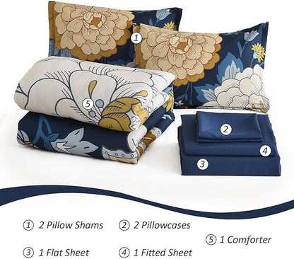 DJY Floral Comforter Set Queen Size Navy Blue Bed in a Bag 7 Pieces Botanical Boho Comforter with Sheet Set, Soft Microfiber Farmhouse Bedding Set for All Season (Navy, 90''x90'')