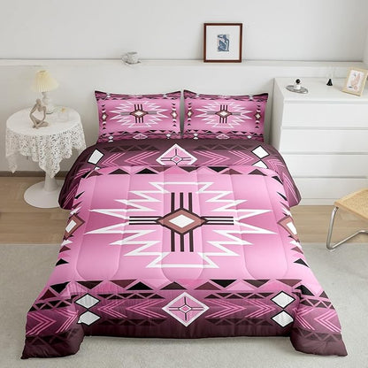Pink Western Comforter Set Twin Size,Southwestern Cowgirl Bedding Set,Aztec Quilt Ethnic Tribal Arrow Quilt Set Kids Girls Women Teens Room Decor,Retro Countryside Duvet Insert,1 Pillowcase