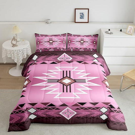 Pink Western Comforter Set Queen Size,Southwestern Cowgirl Bedding Set,Aztec Quilt Ethnic Tribal Arrow Quilt Set Kids Girls Women Teens Room Decor,Retro Countryside Duvet Insert,2 Pillowcases