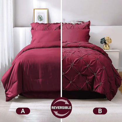 JOLLYVOGUE Dark Red Cal King Size Comforter Sets 7 Pieces, Pintuck Bed in a Bag Comforter Set for Bedroom, Bedding Comforter Sets with Comforter, Sheets,Ruffled Shams & Pillowcases