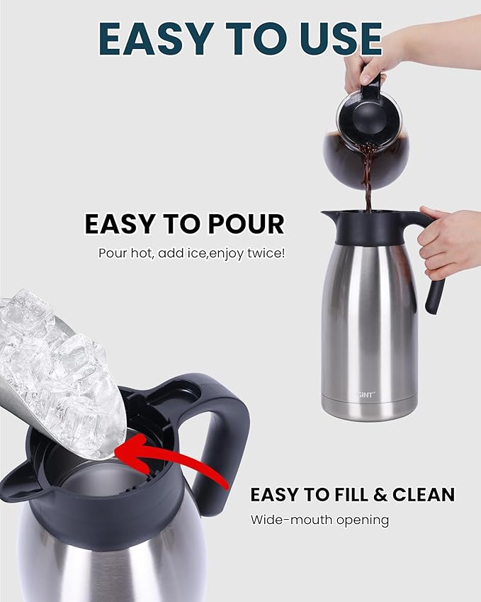 GiNT 64Oz Thermal Coffee Carafe, Insulated Stainless Steel Coffee Carafes for Keeping Hot/Double Walled Vacuum Thermal Carafe (Silver, 1.9L)