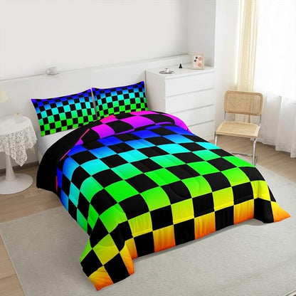 Feelyou Multicolored Checkered Retro Kids Comforter Set Queen Size Geometric Vintage Bedding Set Colorful Duvet Quilt for Kids Boys Girls Bedroom Modern Groovy Aesthetic Decor