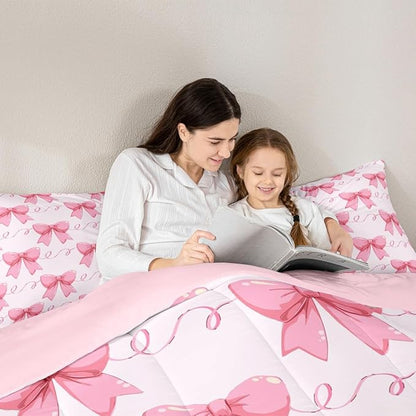 Erosebridal Bowknot Down Comforter Queen Size, Dreamy Princess Style Comforter Set for Girls Women Bedroom Decor, Cute Bow Tie Bedding Set Pink Girly Kawaii Quilt for All Season