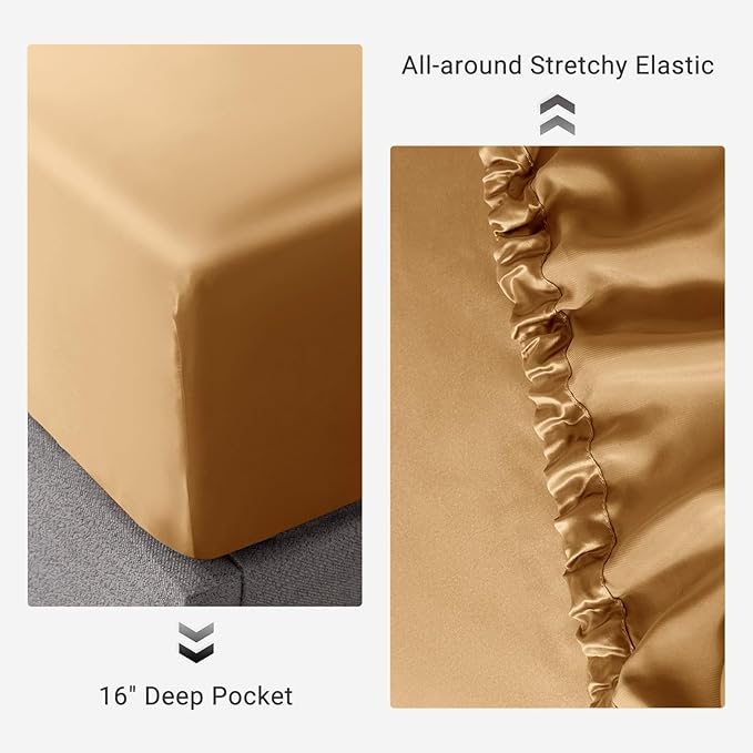 THXSILK 100% Mulberry Silk Fitted Sheet Set, 7A+ Silk 3 Pieces Bed Sheets, Breathable, Smooth, 16 Inch Deep Pocket Fitted Sheet, 2 Pillowcases - Metallic Gold, King