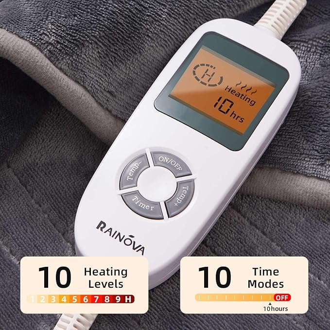 RAINOVA Heated Blanket, Electric Blanket-50''x60'', Soft Heating Blanket, 10-Level Heating, 10-Hour Auto-Off, Gifts for Parents and Elders, Gray, ETL & FCC Certified
