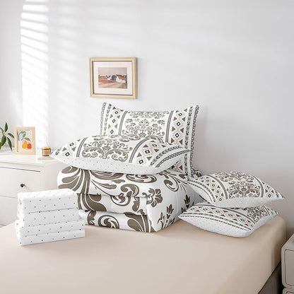 Comforter Set King Size, Olive Brown Damask Aztec 7 Pcs Bedding for Kids and Adults, Antique Decor Western Baroque Gothic Bed Sheet Sets with Fitted Sheet 2 Pillowcases & 2 Shams for Bedroom Bed Decor