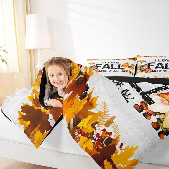 Erosebridal Gnomes Pumpkin Bedding Set Rustic Farmhouse Fall Theme Comforter Set King Size Thanksgiving Harvest Season Quilt Bedding Maple Leaf Pinecone Decor Bed Duvet Soft Lightweight Bedroom Decor