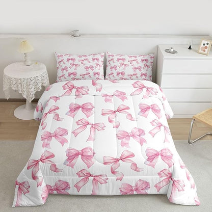 Erosebridal Cute Pink Bow Full Bedding Set for Girls,Dreamy Coquette Bowknot Comforter Set Girly Princess Style Bedding Comforter Sets Cute Kawaii Pink Bow Bed Set for Kids Teen Women